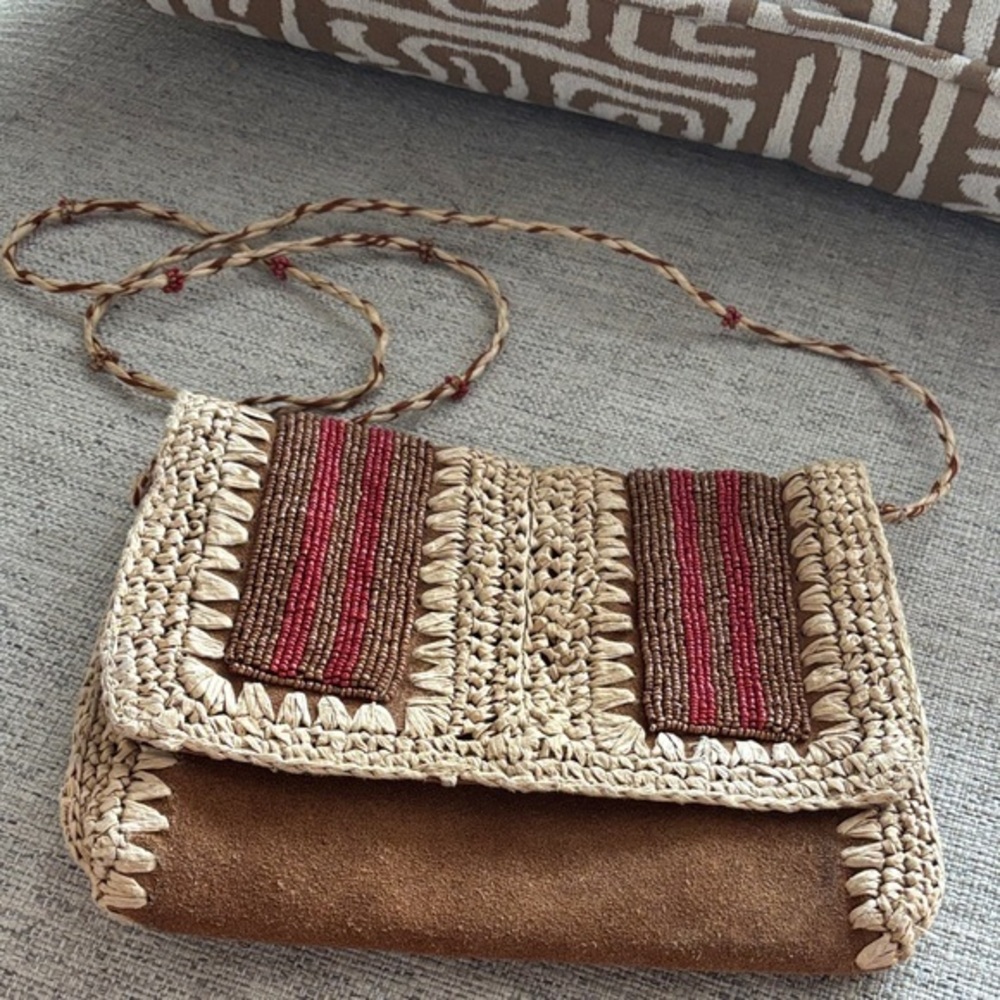 Free People Vintage boho suede leather and paper Raffia beaded crossbody purse - Picture 1 of 16